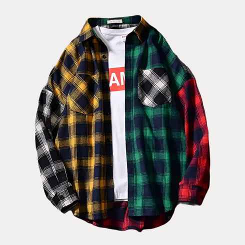 Men's plaid shirt with multi-color check pattern, featuring a turn-down collar and full sleeves.